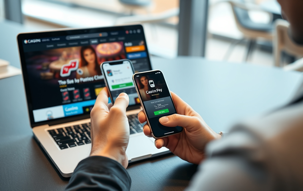 En person som bruker Apple Pay på iPhone for å sette inn penger på et nettcasino.