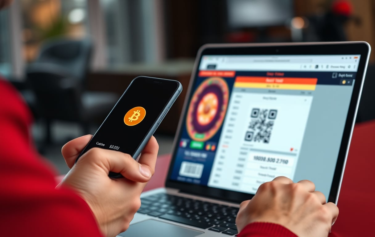 Person med mobiltelefon som skanner QR-kode for Bitcoin-innskudd på et nettcasino, med laptop synlig.