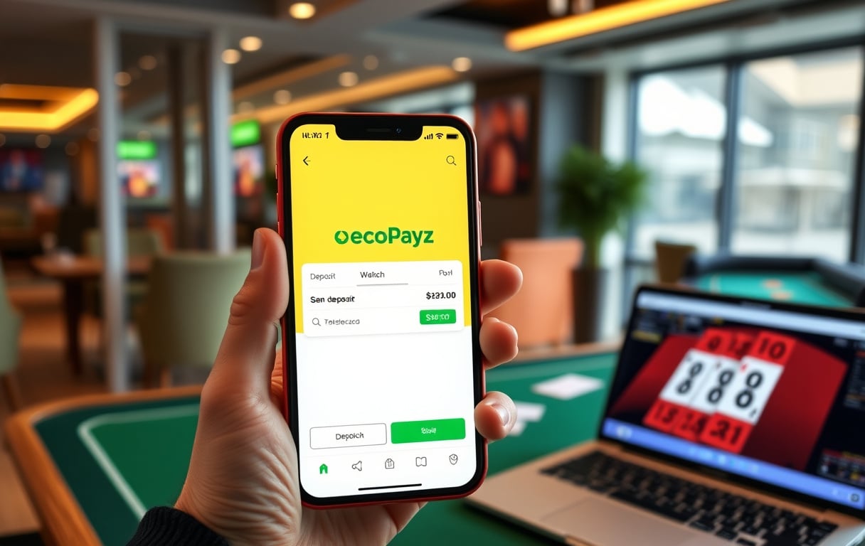 Person med smartphone som viser Ecopayz-appen for casinoinnskudd