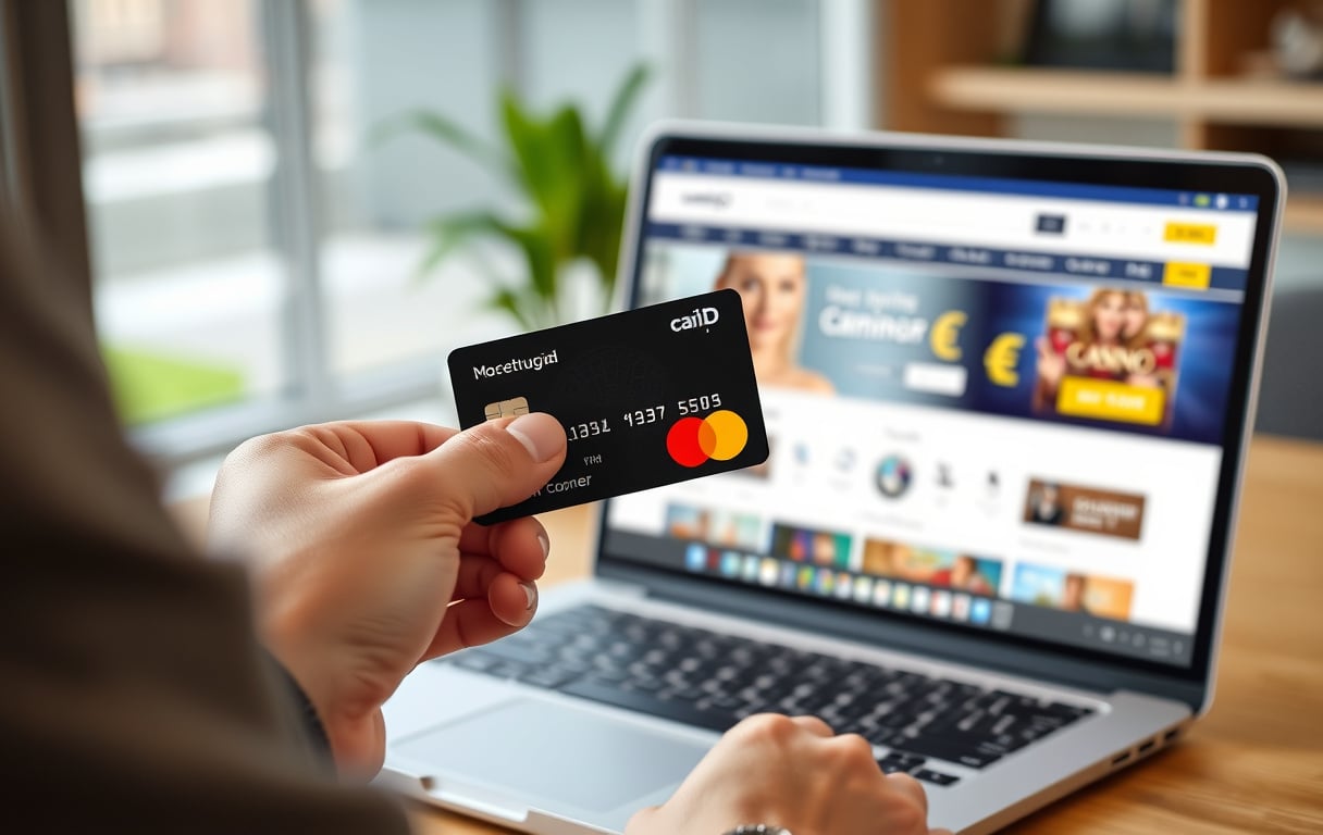 En person holder et Mastercard debetkort foran en laptop med et casino-nettside, norske kroner.