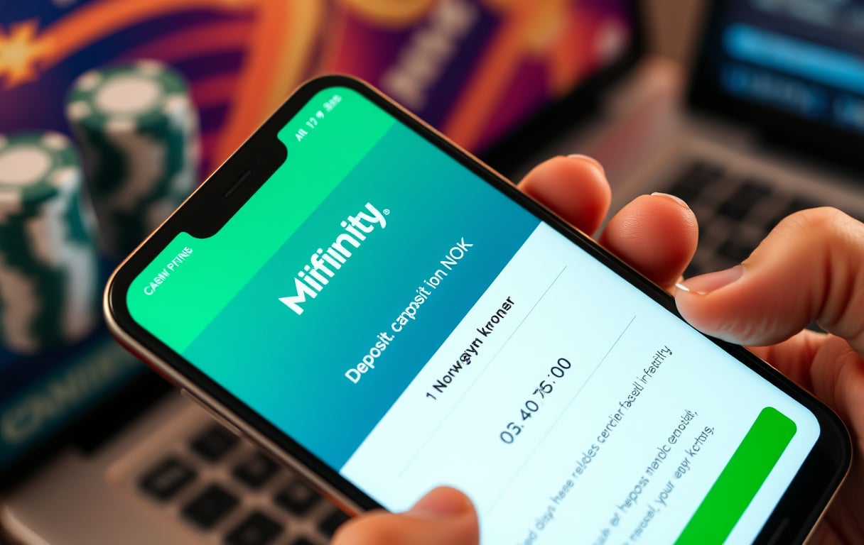 Mobiltelefon som viser MiFinity-betaling på et casino – bekreftelse på innskudd i norske kroner.