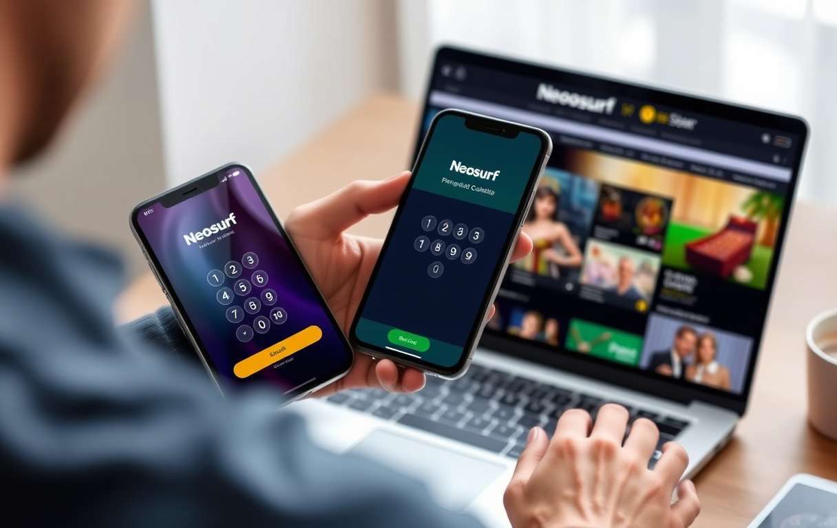 Person med Neosurf-app på mobilen og casino på PC-en