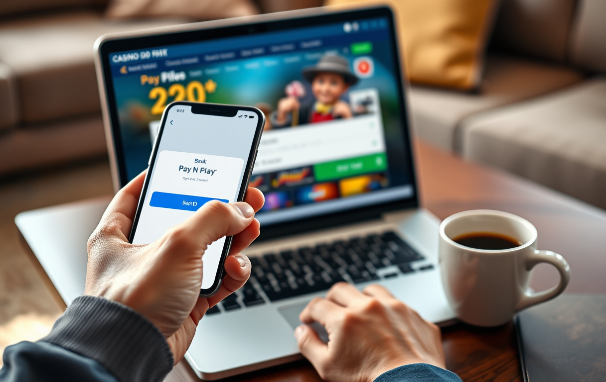 Person som bekrefter Pay N Play-innskudd med BankID på mobilen, ved siden av en laptop med casinoets kasse