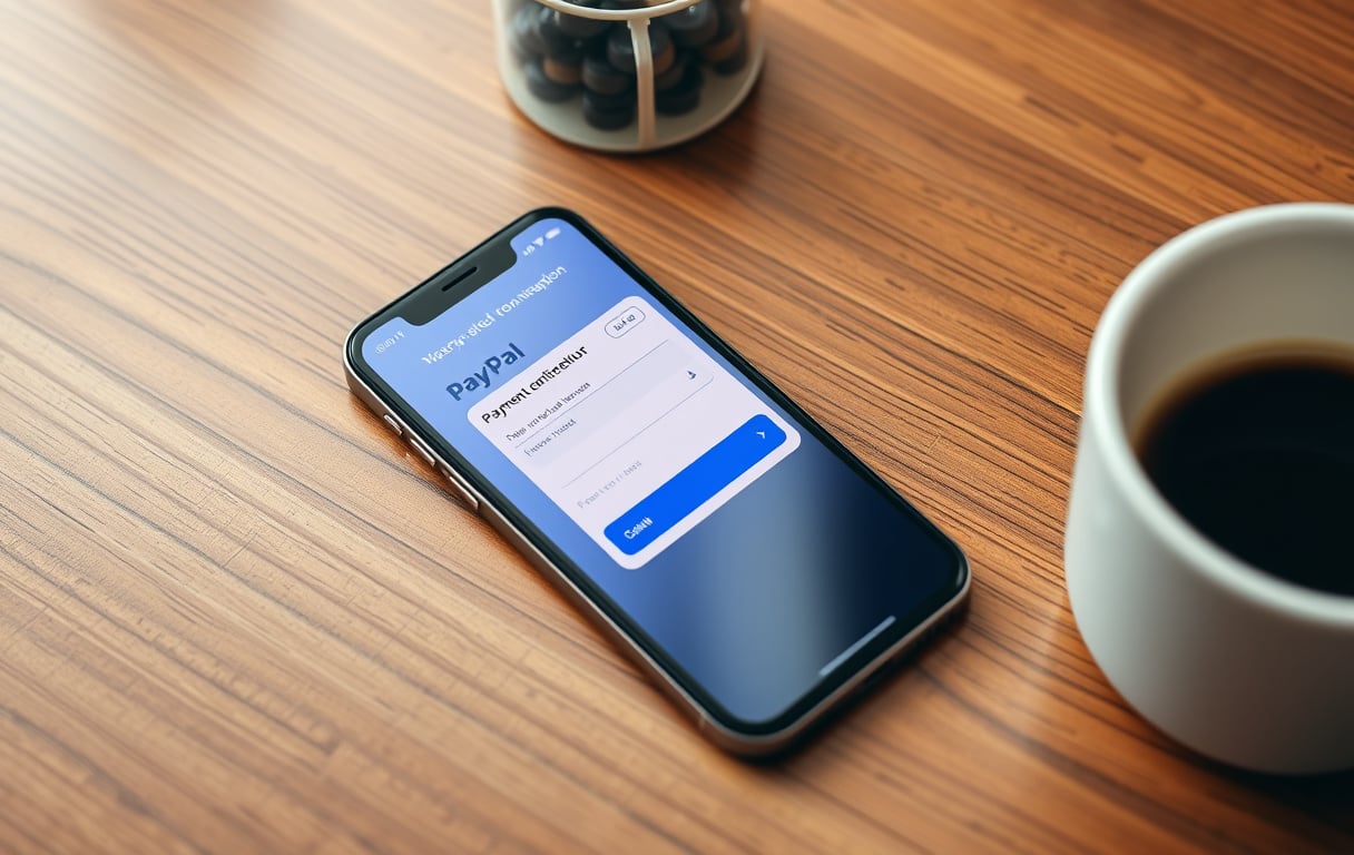 Smarttelefon med PayPal-betaling bekreftet ved siden av kasinochip og kaffekopp