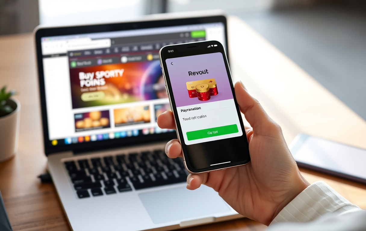 Person med Revolut-appen på mobilen ved siden av en laptop med casino-innskuddsside.