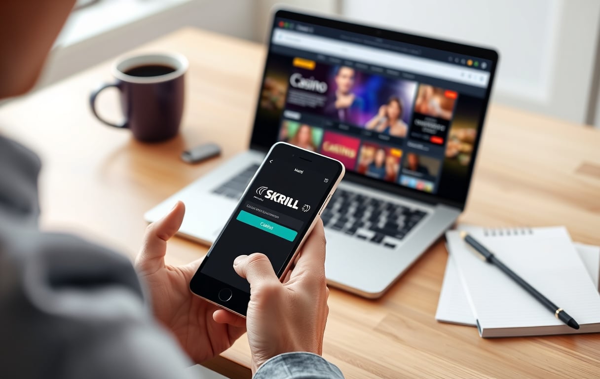 En person med mobiltelefon med Skrill-appen, ved siden av en laptop med et casino nettsted. Kaffekopp og notatbok på bordet.