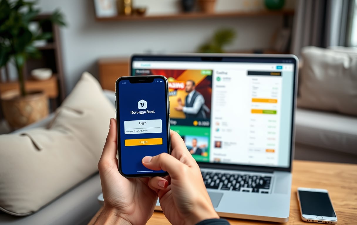 En person bruker BankID på mobilen for å betale på et nettcasino, med laptop synlig i bakgrunnen.