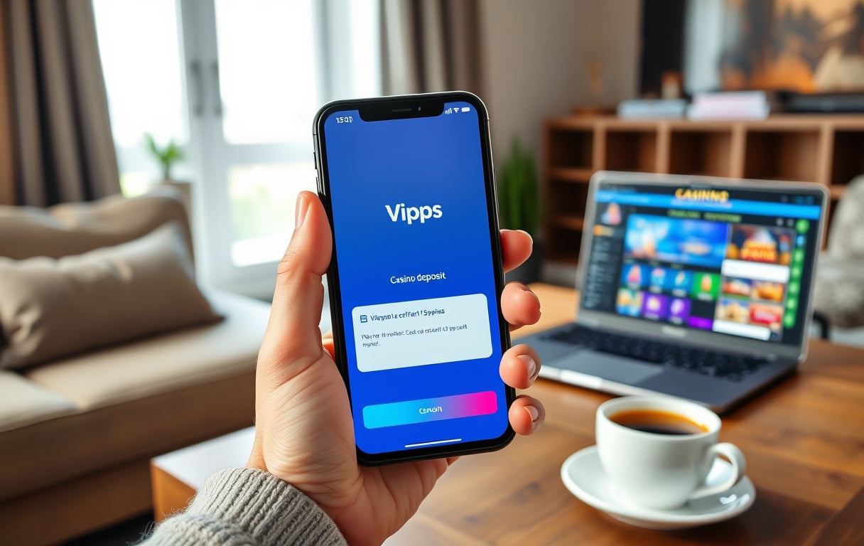 En person som bruker Vipps-appen på mobilen for å sette inn penger på et casino – vist i en norsk stue med laptop og kaffekopp.