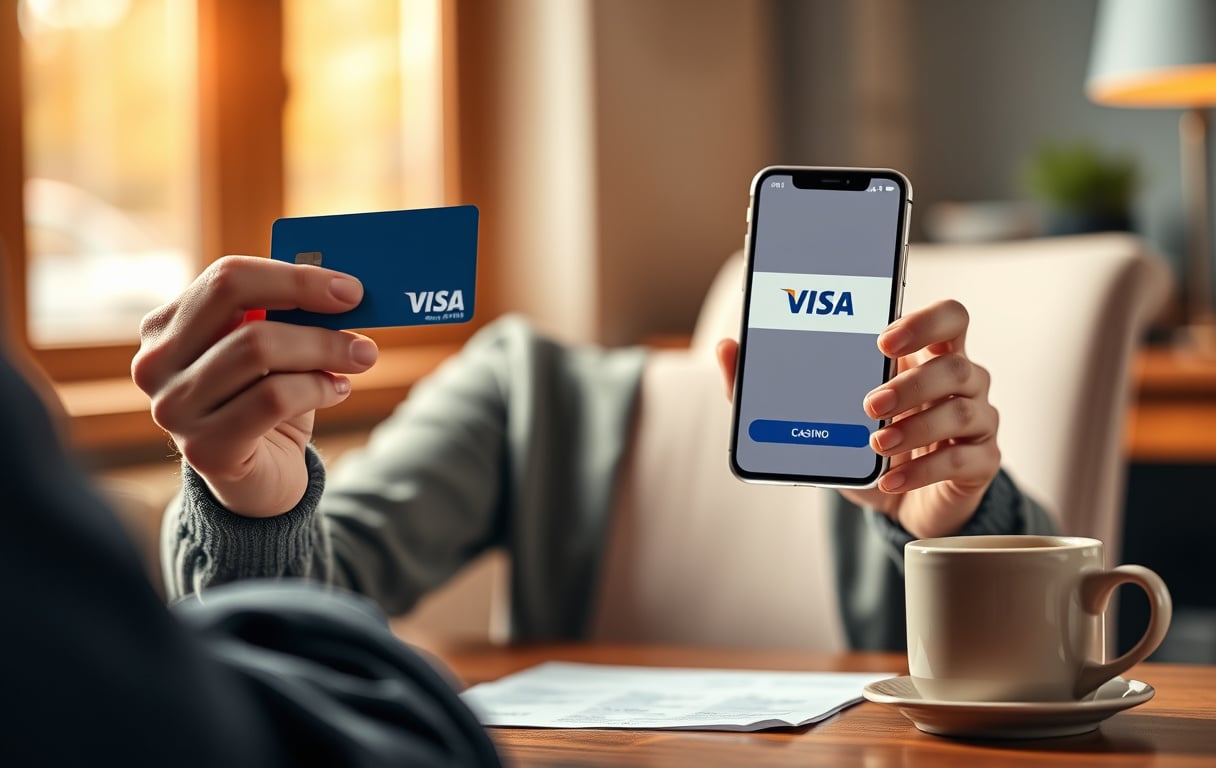 En person som holder et Visa debetkort og en mobiltelefon med casinoets kassevindu, ved et skrivebord.