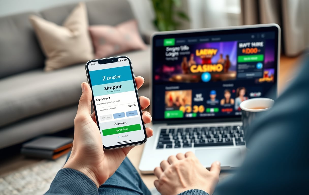 Person med mobiltelefon som viser Zimpler-betalingsbekreftelse foran en laptop med casino-grensesnitt