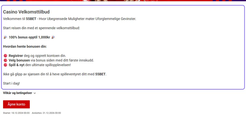 Velkomsttilbudet hos 55bet
