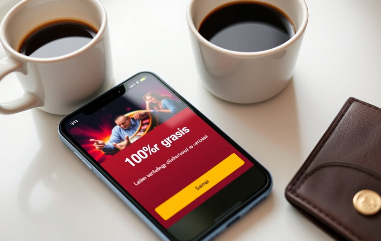 Smarttelefon med 100 kr gratis bonus-varsling, kaffekopp og lommebok på bordet.