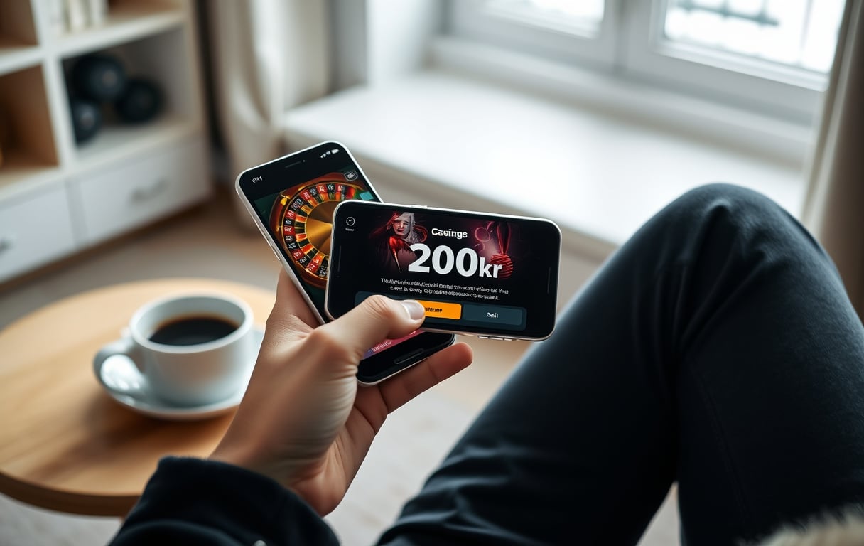 En person som holder en smarttelefon med en 200 kr gratis bonus-melding fra et nettcasino, i en norsk stue.
