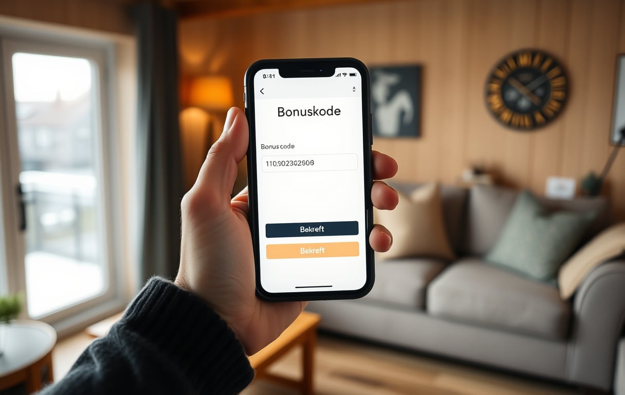 En person som skriver inn en casino bonuskode på en mobiltelefon, sett innendørs i en stue.
