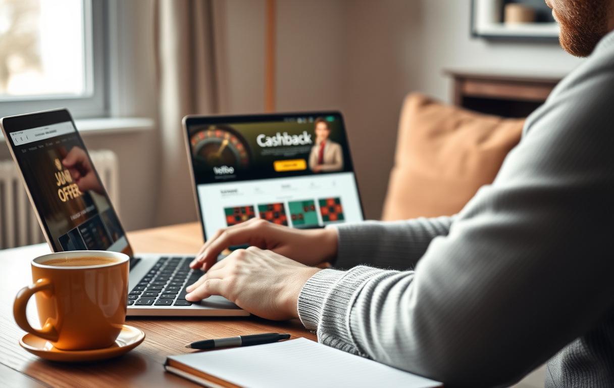 Norsk person foran laptop med cashback-tilbud på skjermen, kaffekopp og notatbok på bordet.