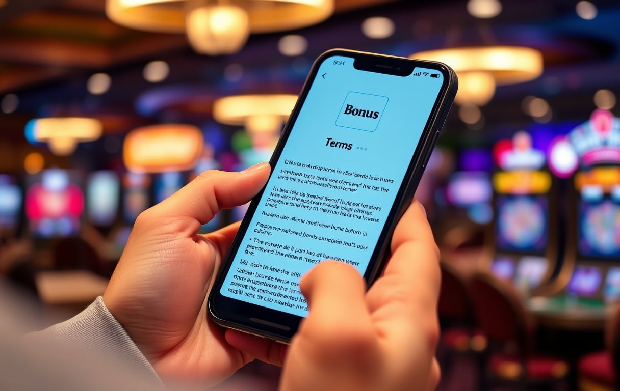 En person leser bonusvilkår på en mobiltelefon, med fokus på skjermen og liten skrift.