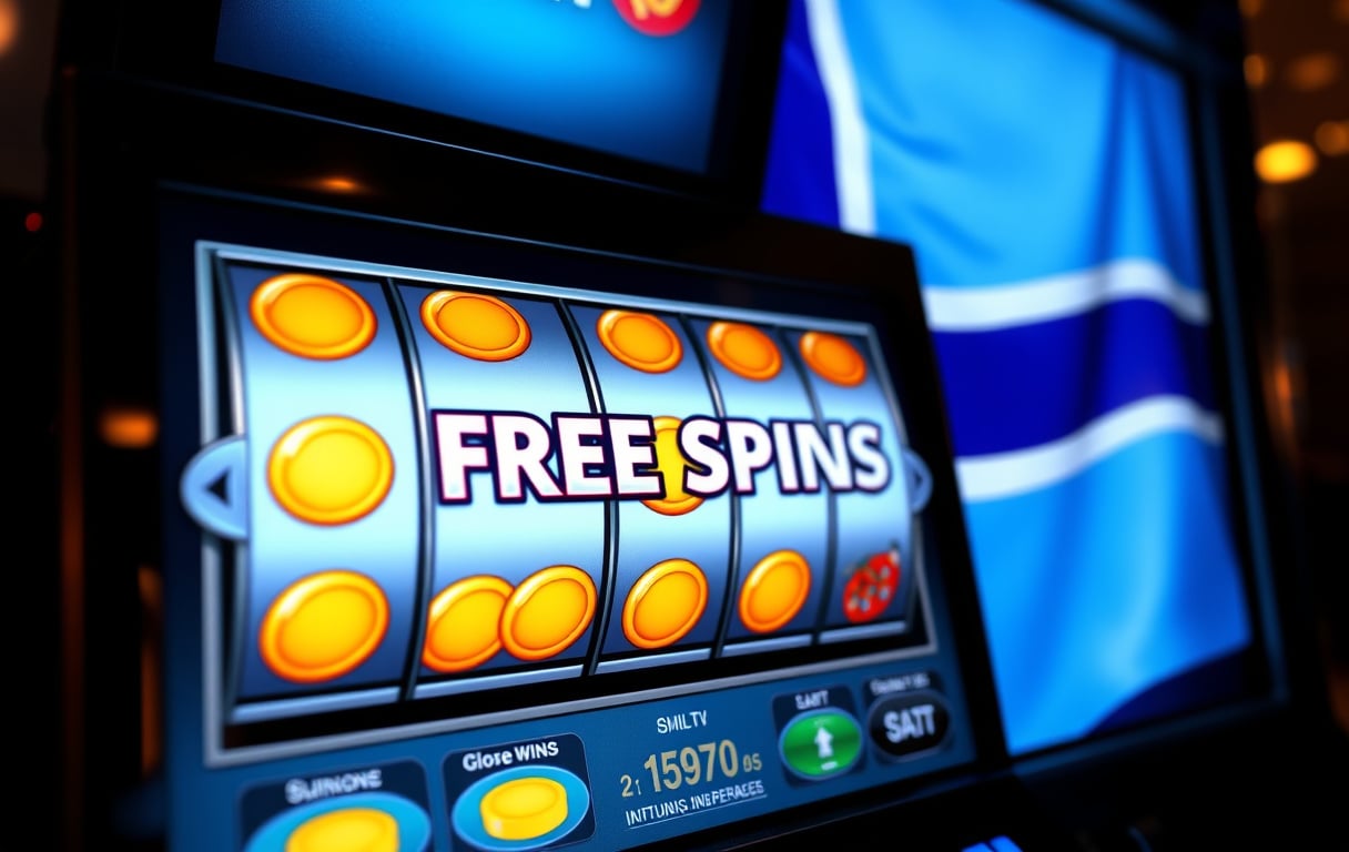 Illustrasjon av en spilleautomat med freespins-bonus og norsk flagg i bakgrunn.
