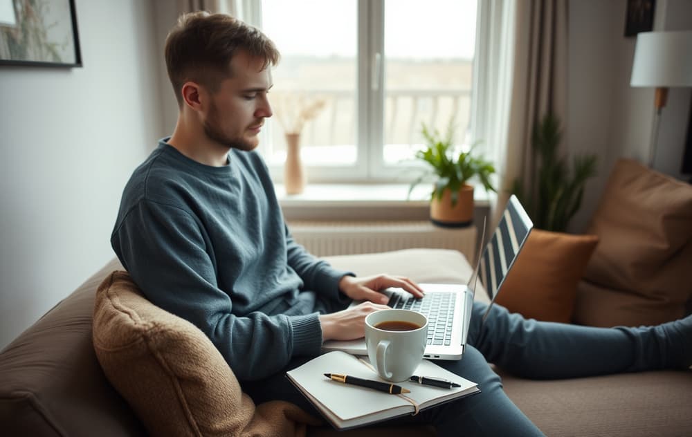 En person som sjekker et nettcasino på mobilen, med notatblokk og kaffekopp på bordet