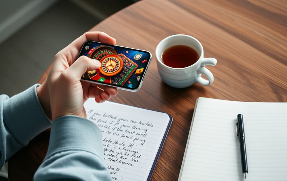 Noen som noterer vilkår fra et nettcasino på et ark
