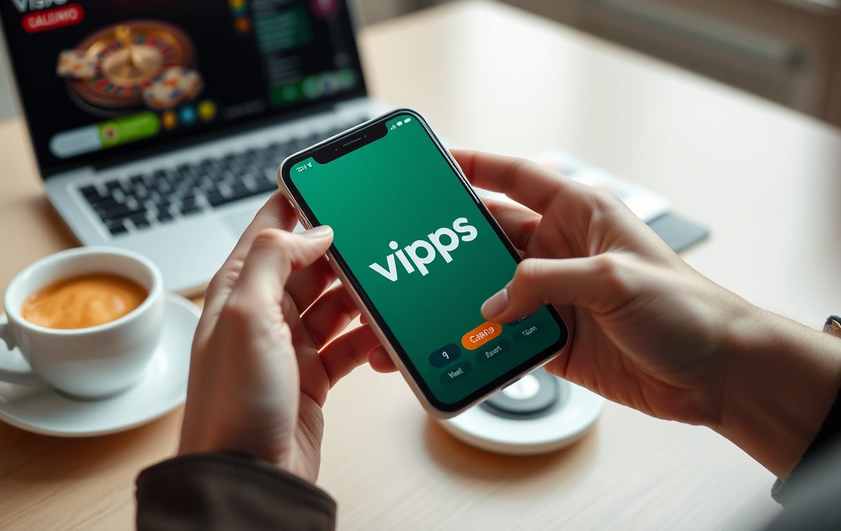 Person som betaler med Vipps på mobilen foran en laptop, med kaffekopp på bordet