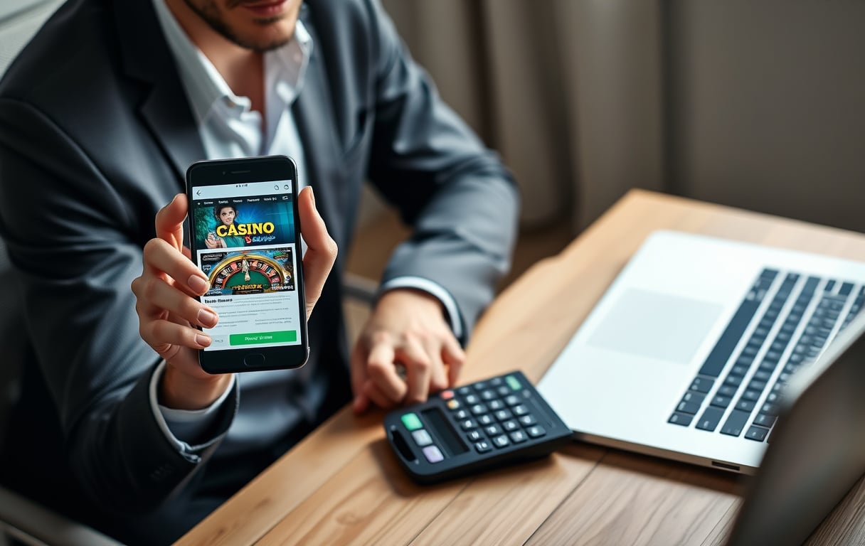 En person sjekker lisensinformasjon på et nettcasino via mobil og laptop, med kalkulator og notatblokk for å vurdere bonusvilkår