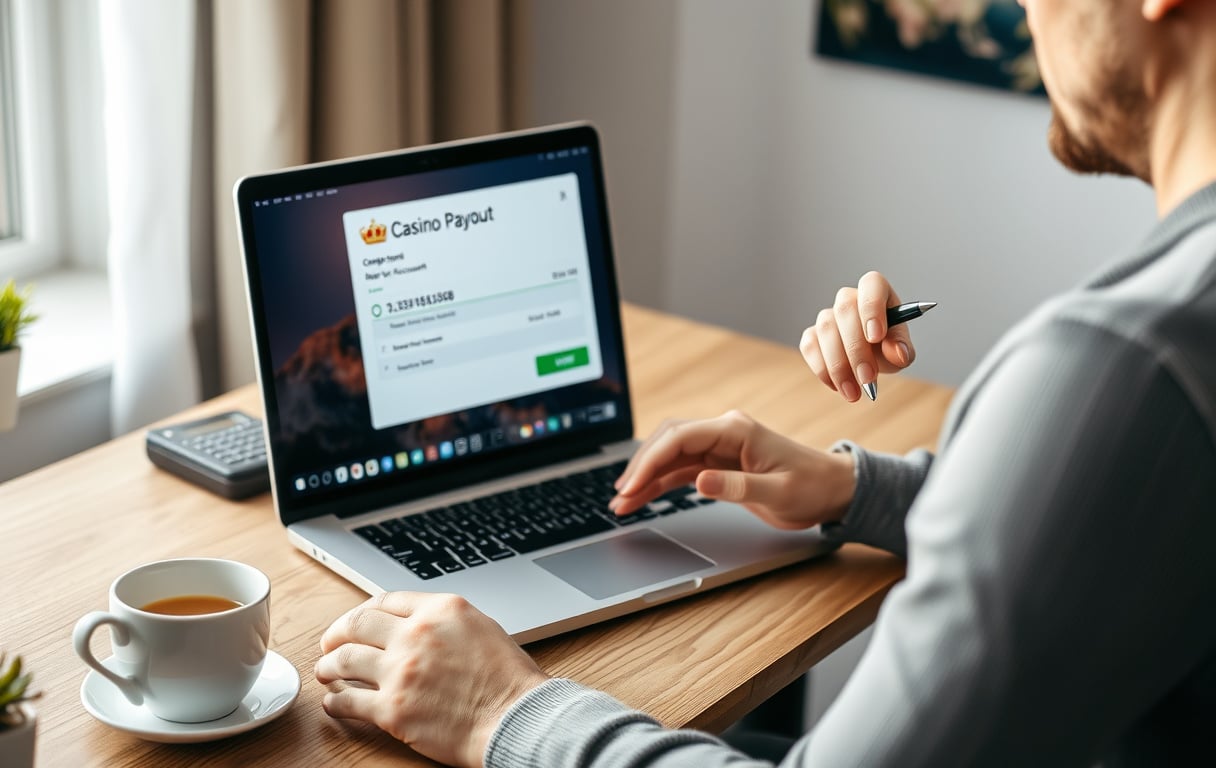 Norsk spiller som beregner skatt på casino-gevinst med kalkulator og laptop