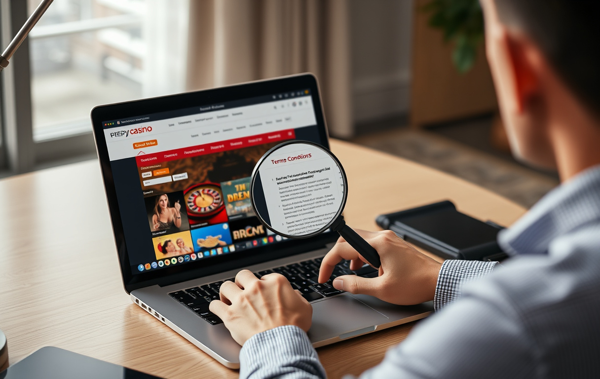 Person som sammenligner to casinoer på laptop med forstørrelsesglass over vilkårene.