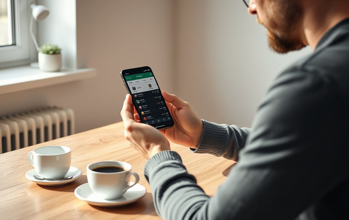 Person som sammenligner odds på mobilen med kaffekopp på bordet