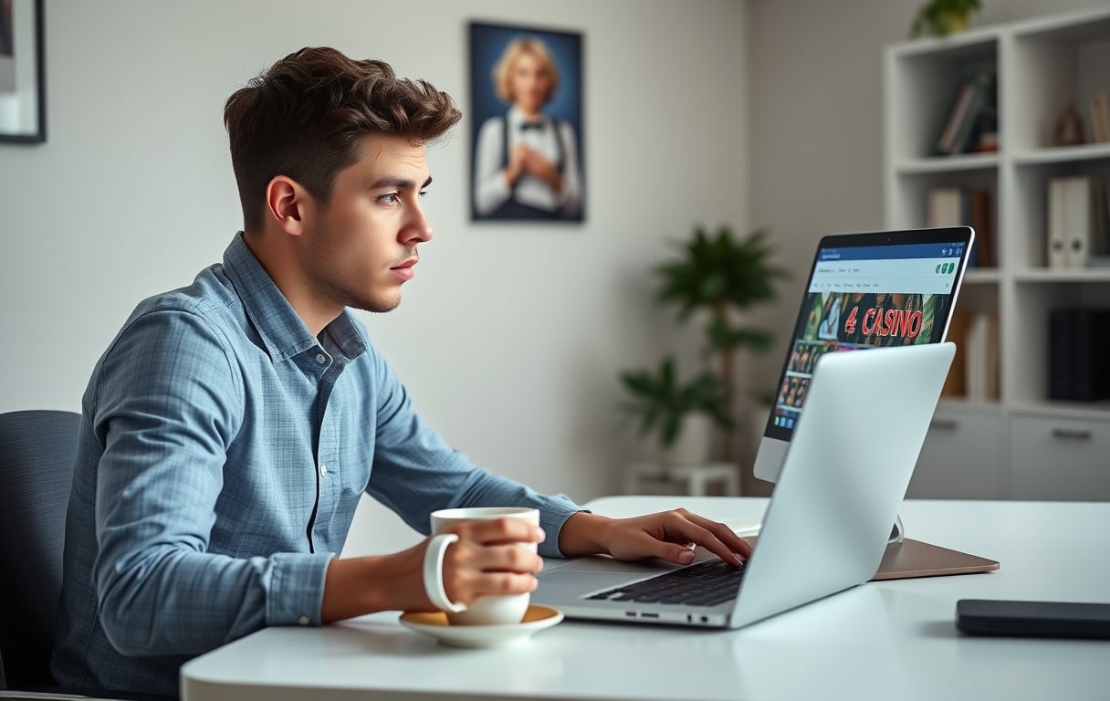 En mann som spiller på et nettcasino med lavt innskudd på laptopen, med en kaffekopp ved siden av.