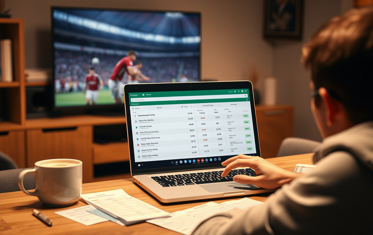 Person som sammenligner fotball odds på laptop med kamp på TV.