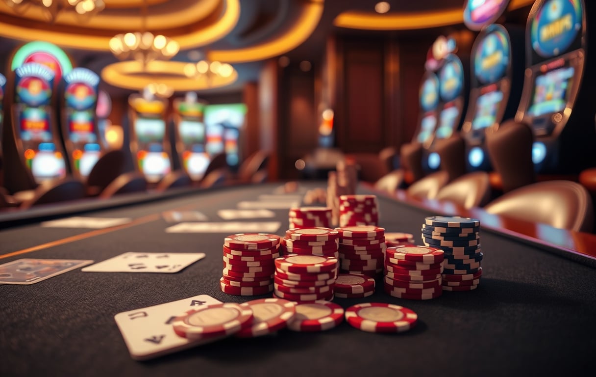 Highroller casino med spillebord og sjetonger i luksuriøst miljø