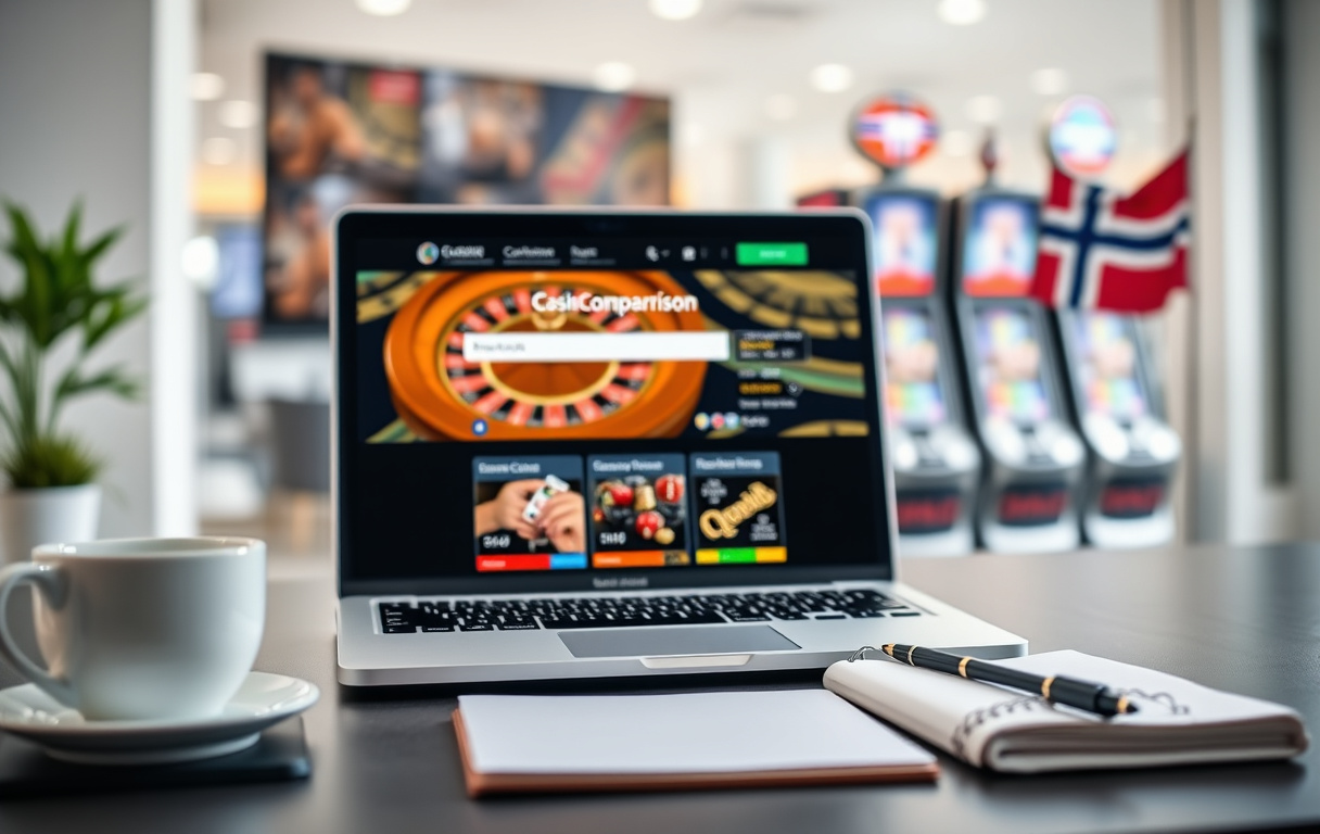 Skrivebord med laptop som viser en casino-sammenligningsside, kaffekopp og notatblokk. Norsk flagg i bakgrunnen.
