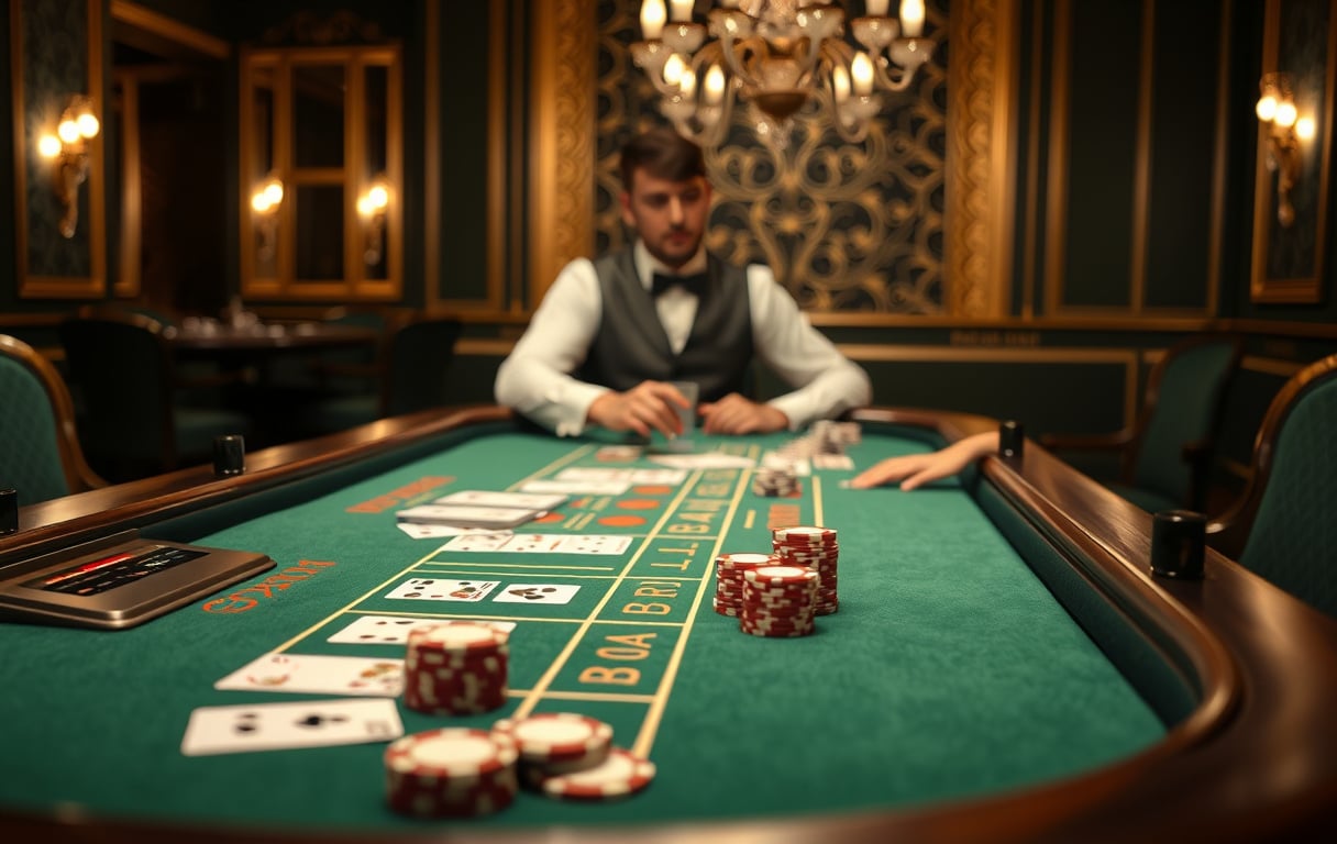 Live baccarat-bord med dealer og kort