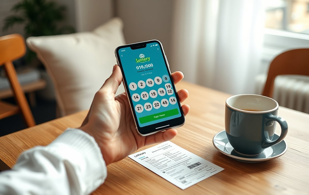 Person med mobiltelefon som viser lotto-app, kaffekopp og lodd på bordet