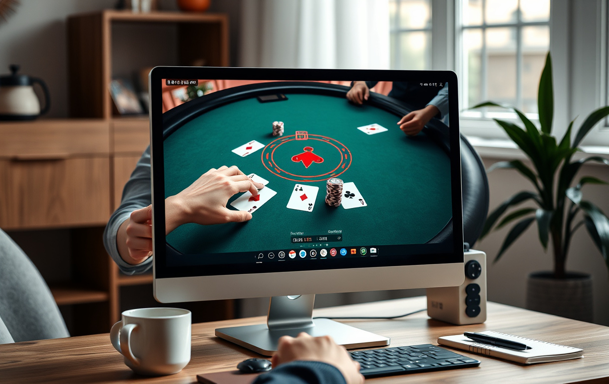 Skjermbilde av online poker med Texas Hold'em-kort og sjetonger på et skrivebord