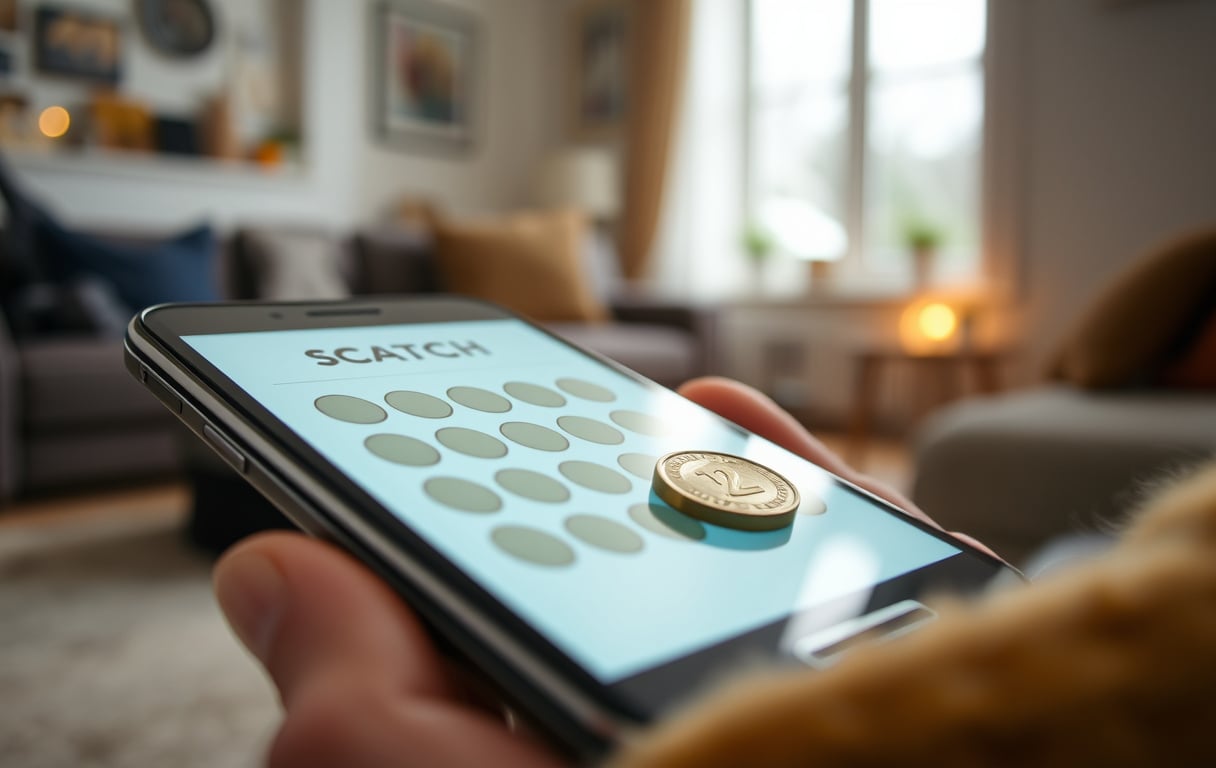 Digitalt skrapelodd på mobilskjerm med mynt som skraper